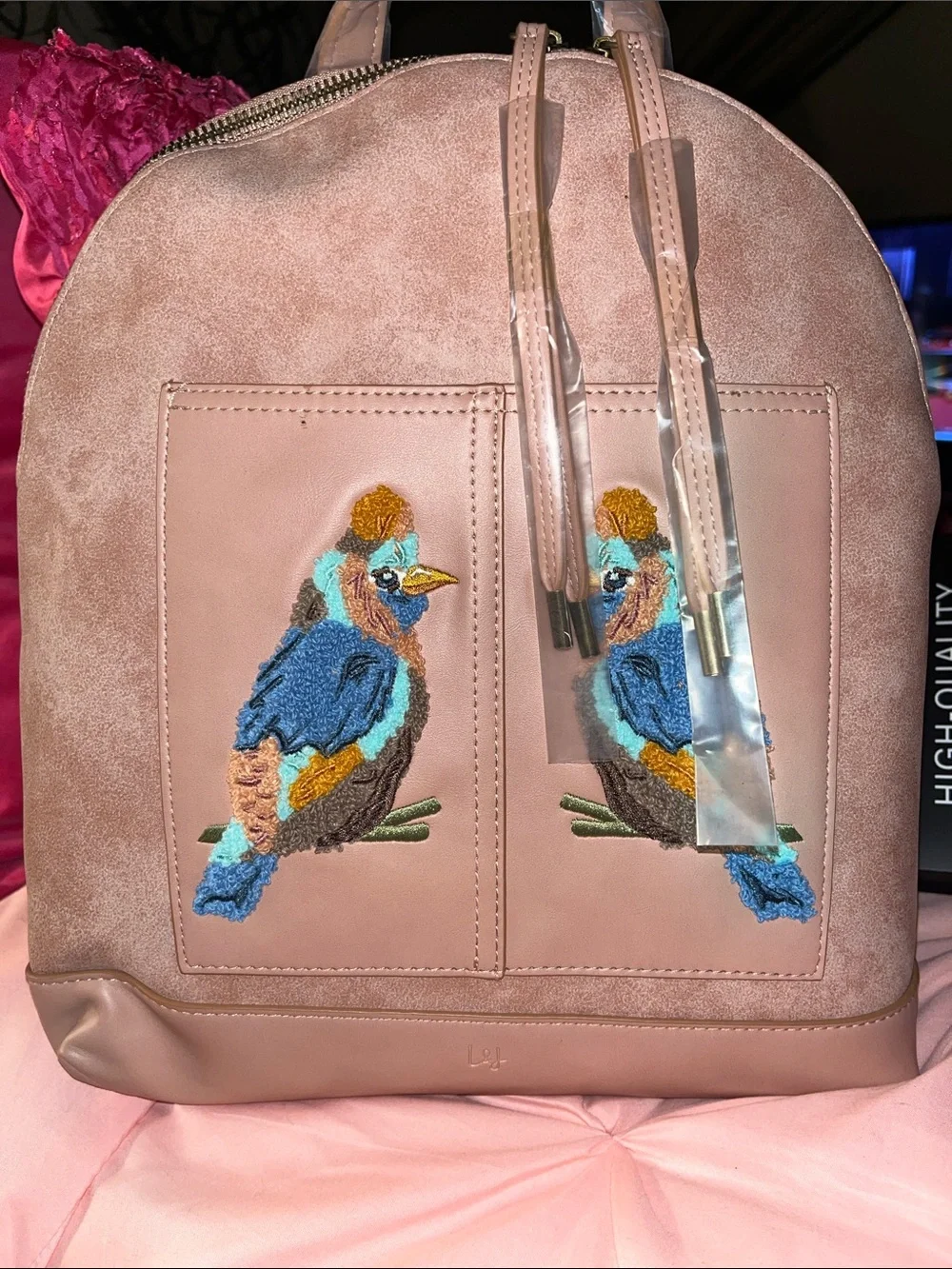 Pink Backpack with Embroidered Colorful Birds